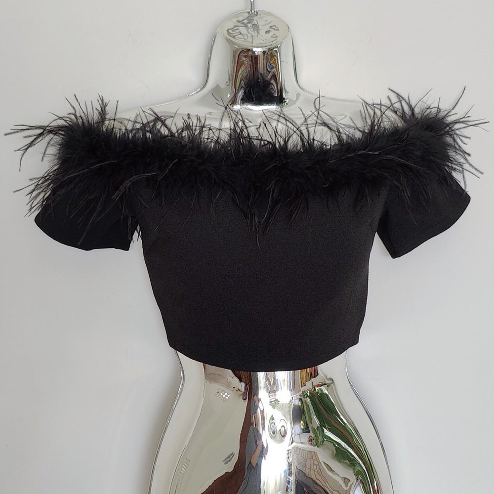 Misguided Black Ostrich Feather Crop Top US 6